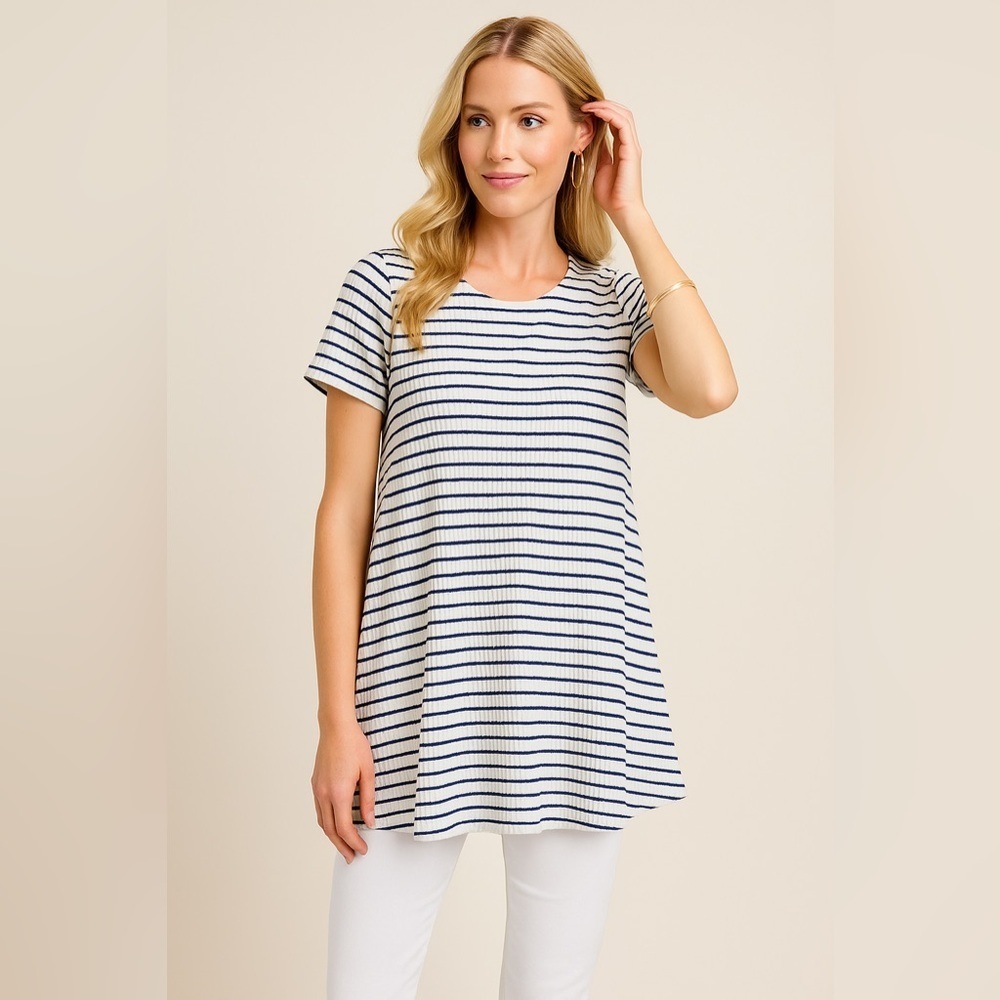 Attitudes by Renee Tunic Navy White Stripe LP Petite length